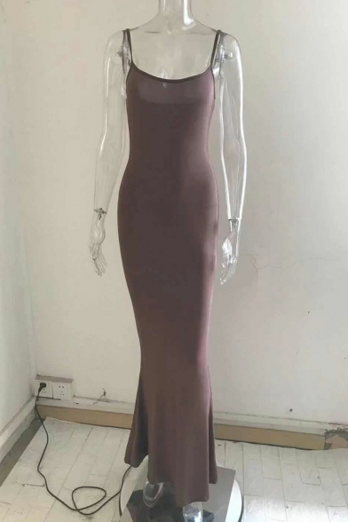 Simple Ladies Cami Solid Color Spaghetti Straps Maxi Sheath Dress