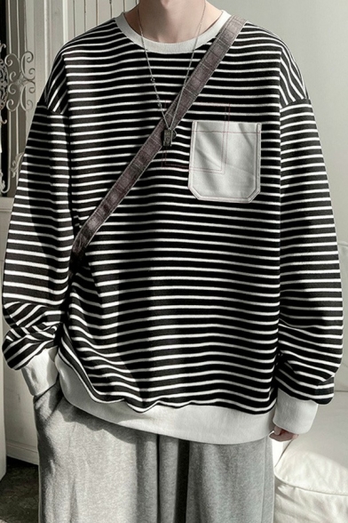 Trendy Mens Sweatshirt Stripe Pattern Round Neck Long-Sleeved Rib Cuffs Loose Fit Sweatshirt