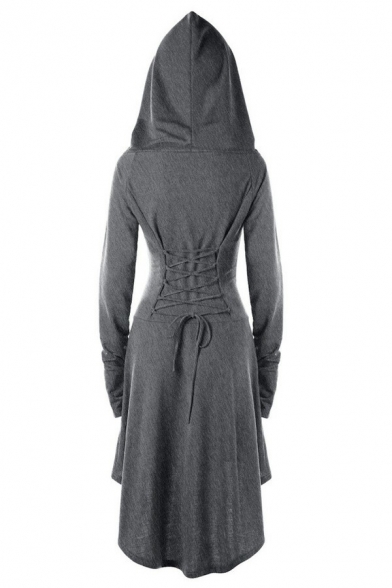 Vintage Womens Hoodie Dress Solid Color Asymmetric Hem Lace-Up Long Sleeve Mini Dress