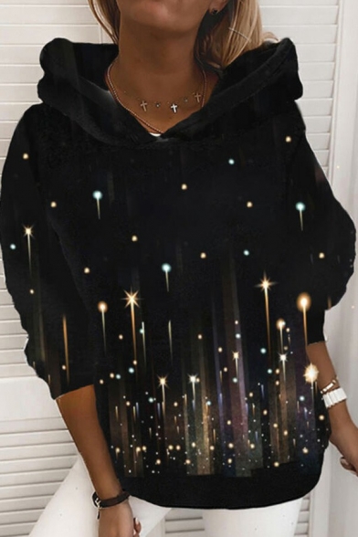 Basic Ladies Hoodie 3D Galaxy Print Regular Fit Long-Sleeved Hooded Sweatshirt