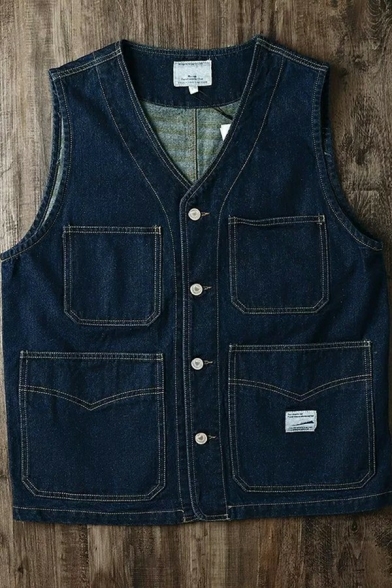 Casual Boys Denim Vest V-neck Pure Color Pocket Detail Button Closure Loose Fit Vest in Blue