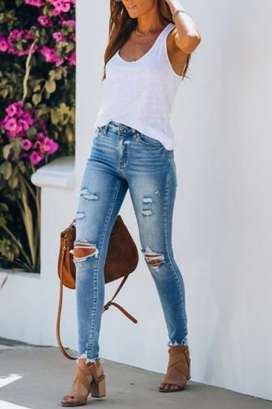 Casual Ladies Jeans Midwash Blue Zip Fly Mid Rise Cut-Outs Ankle Grazers Denim Pants