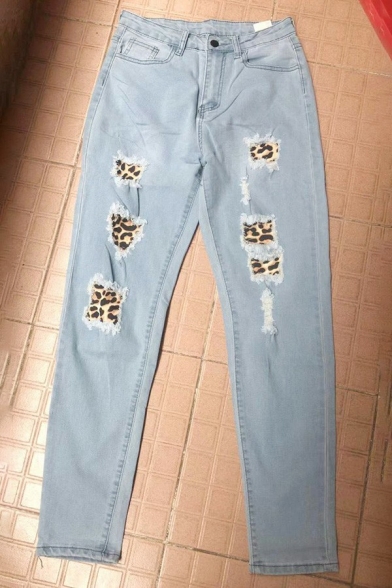 Chic Ladies Jeans Lightwash Blue Leopard Patched Zip Fly High Rise Skinny Pants