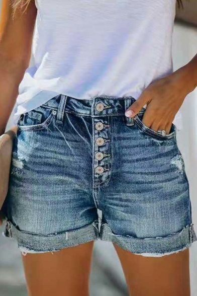 Classic Womens Shorts Ripped Patched Pockets Zip Fly Rolled Cuffs Mid Waist Slim Fit Washed-Denim Shorts