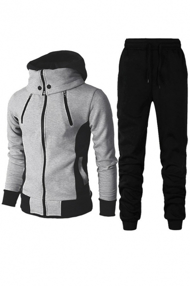 Dashing Co-ords Contrast Color Long Sleeves Skinny Hoodie with Pants Two Piece Set for Men