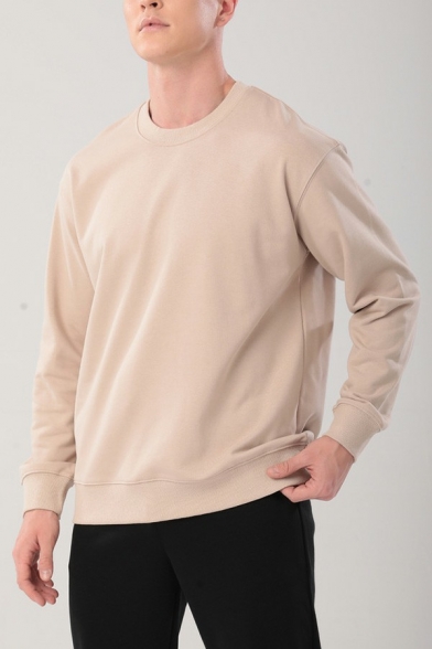 Dashing Mens Sweatshirt Pure Color Round Neck Long-Sleeved Rib Cuffs Regular Fitted Sweatshirt