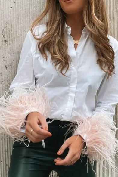 Elegant Womens Shirt Lapel Collar Feather Long Sleeve Regular Fit Shirt