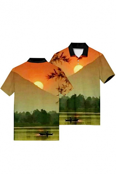Leisure Mens Polo Shirt Scenery Pattern Button Detail Turn-down Collar Regular Fit Polo Shirt