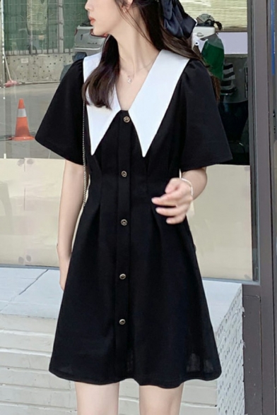 Modern Ladies Dress Solid V-Neck Button Down Short Sleeve Mini A-Line Dress