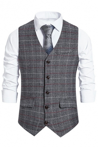 Modern Suit Vest Plaid Print V-Neck Flap Pocket Skinny Button Fly Suit Vest for Men