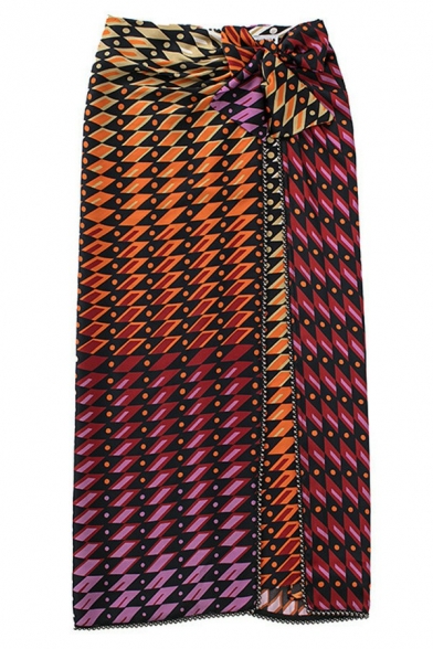 Retro Ladies Skirt Tribal Print Tied Beading Detail Split Front Wrap Maxi Skirt