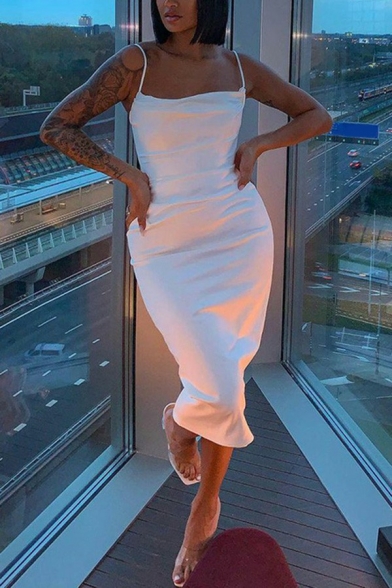 Sexy Womens Bodycon Dress Plain Spaghetti Straps Draped Slim Fit Midi Cami Dress