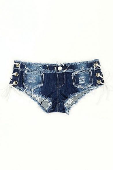Sexy Womens Shorts Solid Zip Fly Criss Cross Lace Up Low Rise Fringe Hot Pants
