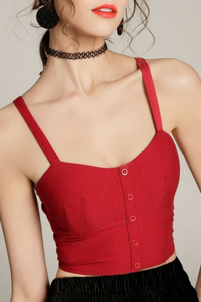 Trendy Ladies Tanks Solid Spaghetti Straps Button Cropped Camis