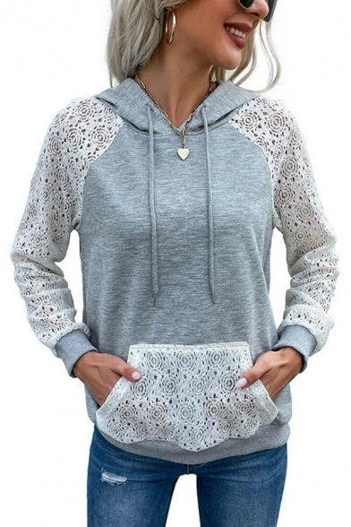 Unique Womens Hoodie Lace Patchwork Drawstring Long Sleeve Kangaroo Pocket Relaxed Hoodie