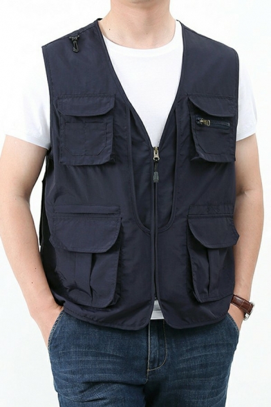 Vintage Guys Vest V-neck Solid Color Zip Closure Regular Fit Vest
