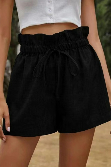 Basic Womens Plain Shorts Drawstring Waist Ruffle Detail Relaxed Fit Linen Shorts