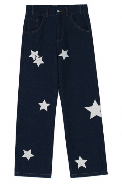 Boy's Cool Jeans Star Printed Loose Fitted Zip Placket Mid Rise Long Length Jeans