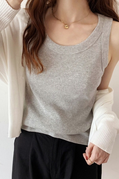 Casual Womens Tank Top Pure Color Round Neck Regular Fit Knitted Tank Tee