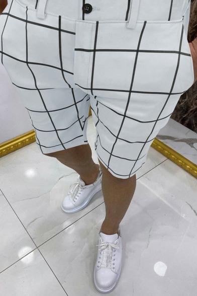 Fancy Shorts Checked Print Pocket Mid Rise Slimming Button Placket Shorts for Guys