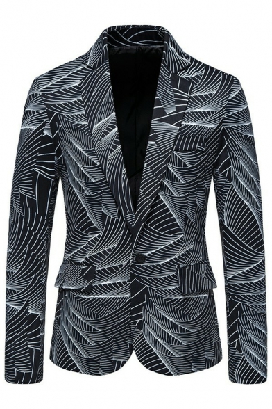 Guy's Fancy Blazer 3D Printed Pocket Lapel Collar Long Sleeve Slim Button Fly Suit Jacket