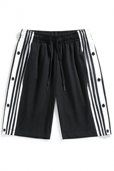 Men Basic Shorts Stripe Print Elastic Waist Drawcord Pocket Fitted Shorts