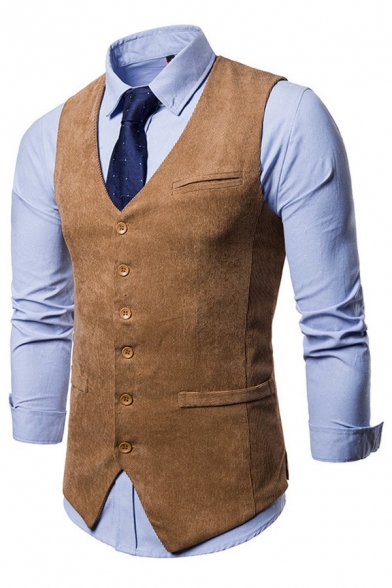 Men's Casual Corduroy Suit Vest Plain Button Closure V-Neck Regular Fit Suit Vest