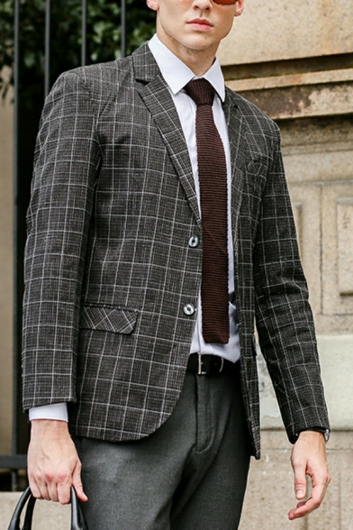Men's Casual Suit Jacket Plaid Print Button Closure Lapel Collar Suit Blazer with Pocket