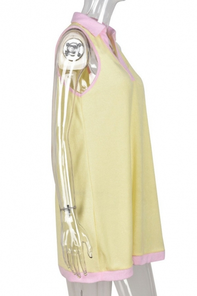 Modern Ladies Tank Dress Color Block Contrast Lapel Sleeveless Mini Shirt Dress