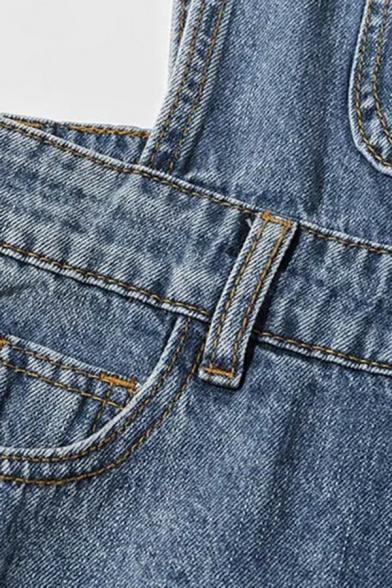 Popular Ladies Overalls Faded Wash Adjustable Straps Pocket Detail Rolled Cuffs Regular Fit Denim Overalls