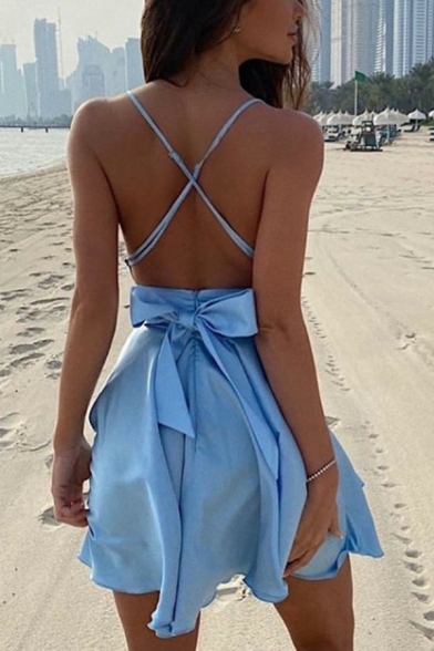 Sexy Girls Dress Solid Spaghetti Straps V-Neck Criss Cross Bow Mini A-Line Slip Dress