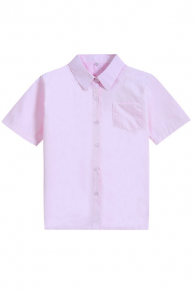 Simple Girls Shirt Plain Lapel Collar Chest Pocket Short Sleeve Button Downs Slim Shirt