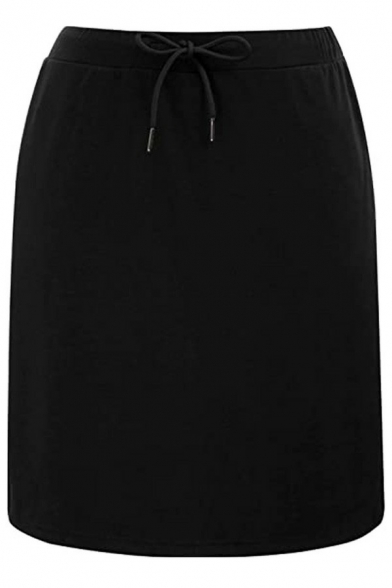 Sporty Womens Skirt Solid Drawstring Elastic Waist High Rise Midi Layered Skirt