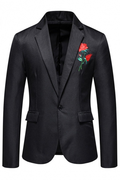 Stylish Mens Suit Jacket Floral Embroidered Print Lapel Collar Single Button Pocket Detail Suit Jacket