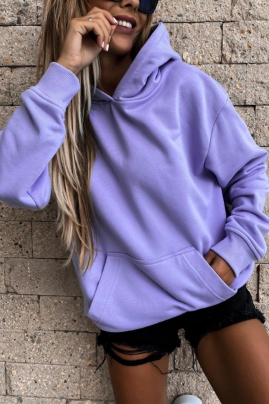Casual Womens Hoodie Solid Color Pocket Front Long Sleeve Hooded Sweatshirt
