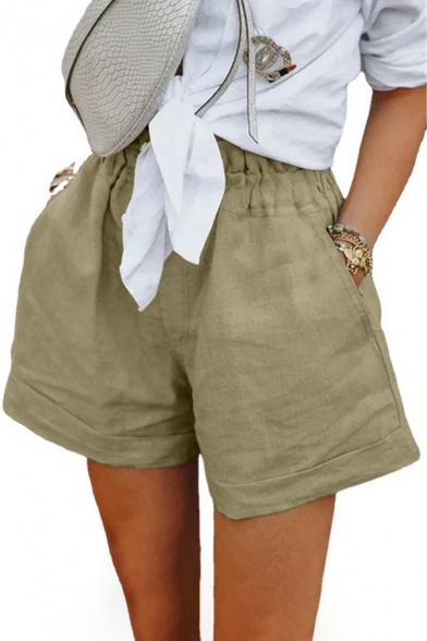 Casual Womens Shorts Solid Elastic Waist High Rise Turn Up Shorts