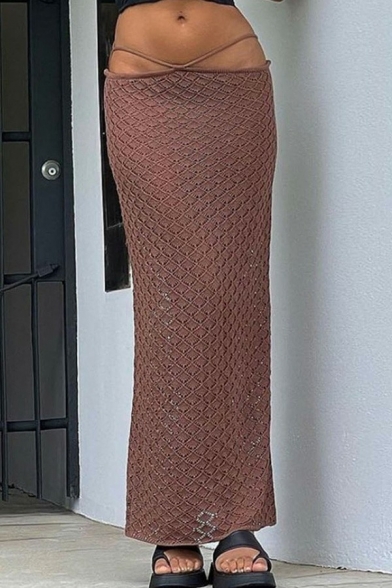 Casual Womens Skirt Plain Hollow Tie Back Maxi Tube Skirt