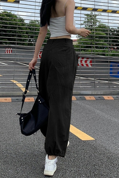 Cool Womens Pants Solid Color Zipper Fly Drawstring Cuffs Cargo Pants with Pockets