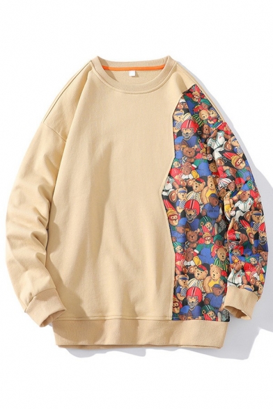 Edgy Men Sweatshirt Bear Print Long Sleeves Loose Rib Hem Crew Collar Pullover Sweatshirt