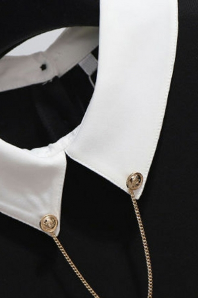Elegant Ladies Blouses Contrast Color Faux Twinset Lapel Collar Long Puff Sleeve Sashes Shirt
