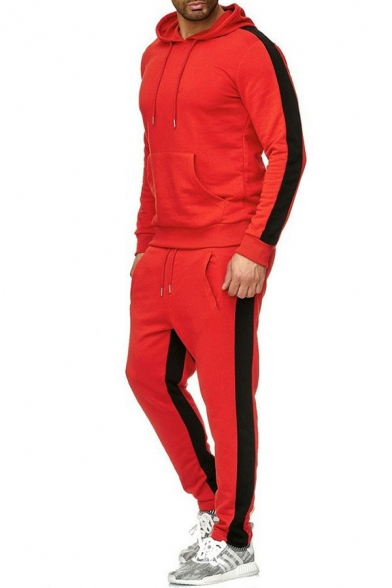 Hot Guy's Set Stripe Pattern Long Sleeves Zipper Hoodie with Pants Skinny Two Piece Set