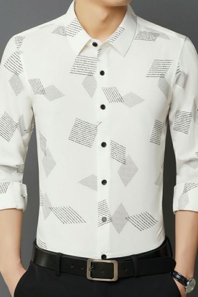 Hot Guys Shirt Geometric Pattern Turn-down Collar Long-Sleeved Fitted Button Placket Shirt
