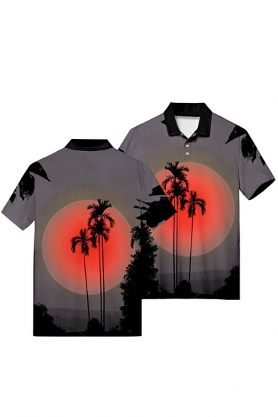 Leisure Mens Polo Shirt Scenery Pattern Button Detail Turn-down Collar Regular Fit Polo Shirt