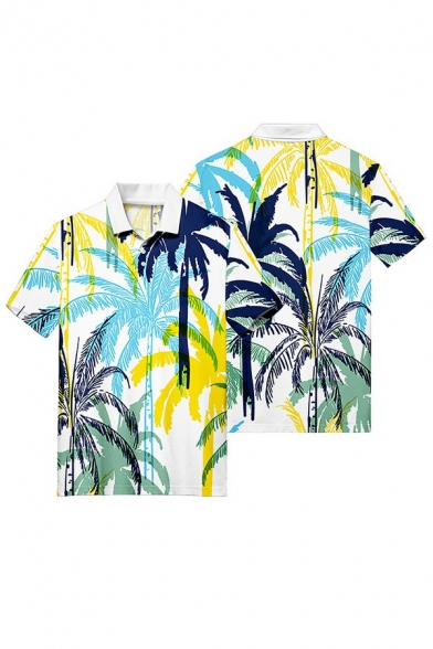 Men Novelty Polo Shirt 3D Tropical Print Spread Collar Short Sleeve Relaxed Polo Shirt