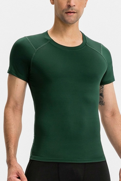 Men's Sporty T-Shirt Solid Color Short Sleeve Round Neck Slim Fit T-Shirt