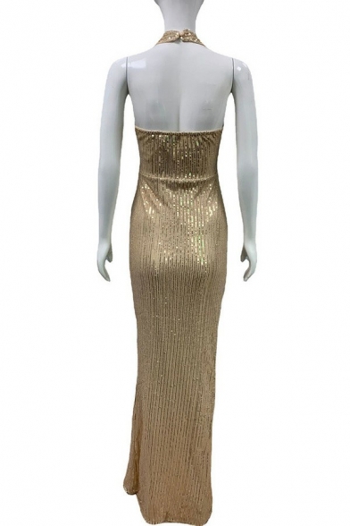 Modern Ladies Dress Solid Sequined Halter Split Hem Maxi Sheath Dress