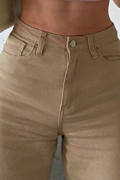 Simple Girls Pants Plain Mid Waist Zip Closure Full Length Straight Cigarette Trousers