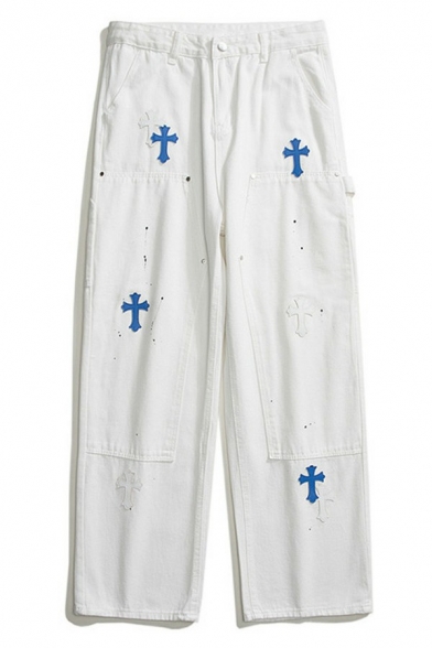 Street Look Boys Jeans Cross Pattern Pocket Mid Rise Long Length Loose Fit Zip Up Jeans