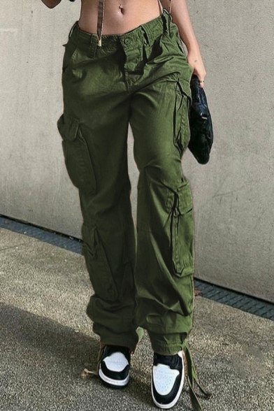 Stylish Cargo Pants Solid Color Flap Pockets Zipper Fly Drawstring Cuffs Wide Leg Denim Pants for Women