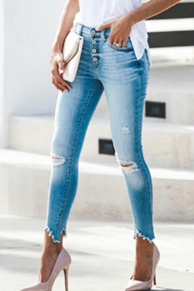 Urban Ladies Jeans Midwash Blue Button Fly High Waist Cut-Outs Asymmetrical Hem Skinny Pants